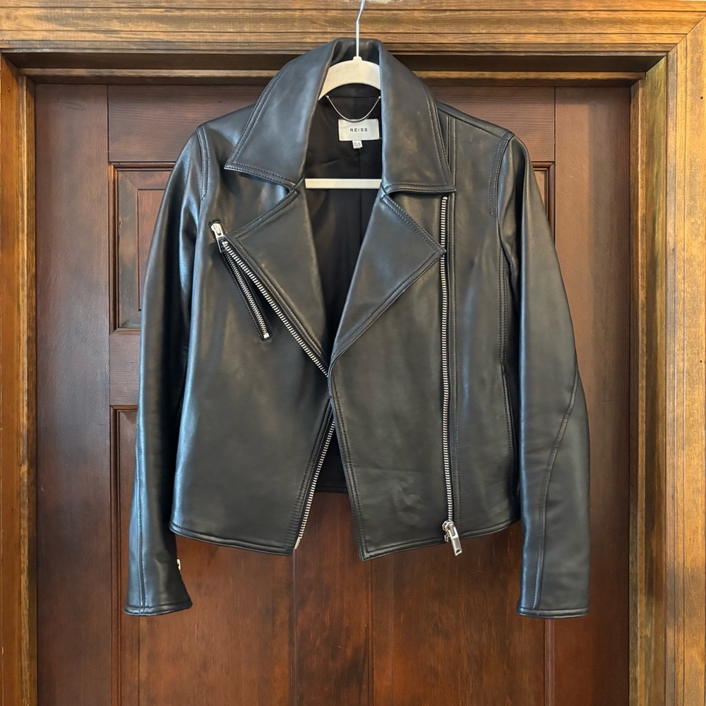 Reiss Black Leather Biker Jacket. size 2.